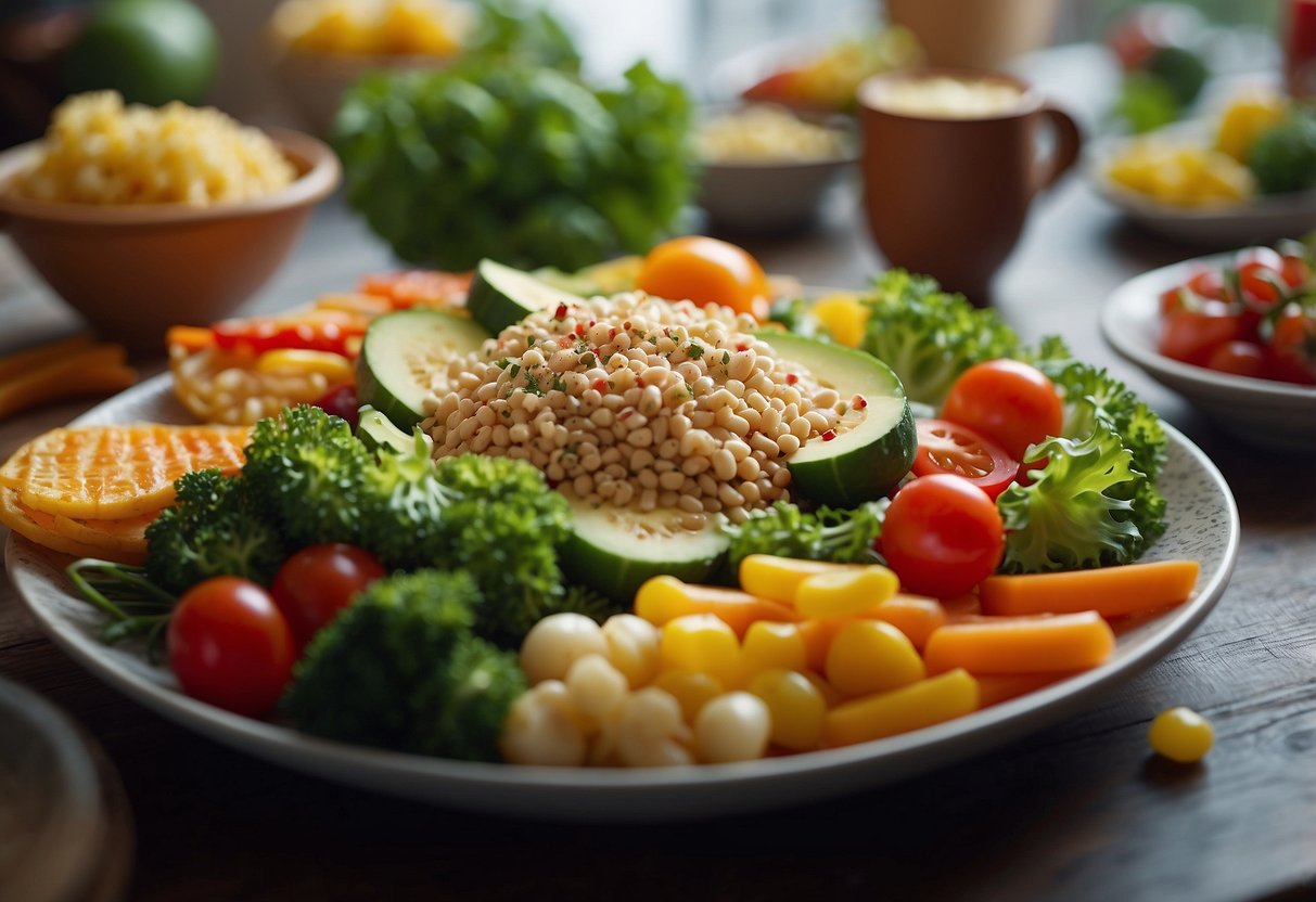 A colorful plate of food with hidden vegetables and protein, surrounded by playful and kid-friendly decorations