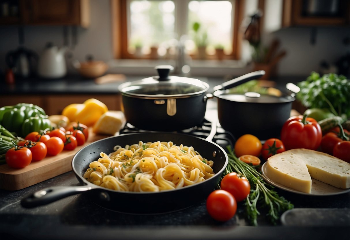 A colorful kitchen with a variety of fresh ingredients like vegetables, pasta, and cheese on the counter. A pot of boiling water and a skillet on the stove, with a cookbook open to a simple recipe