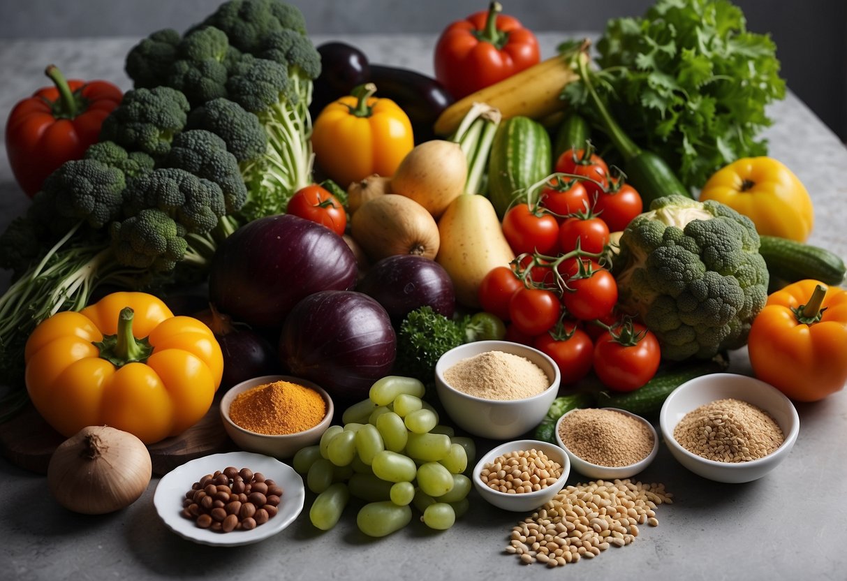 A variety of colorful and healthy main ingredients arranged on a kitchen counter, including vegetables, fruits, grains, and proteins