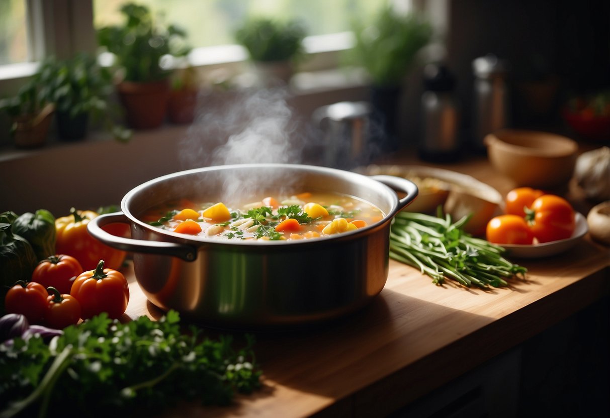 A steaming pot of soup sits on a cozy kitchen counter, surrounded by colorful vegetables and herbs. A bubbling casserole dish, filled with a delicious mix of ingredients, takes center stage on the dining table