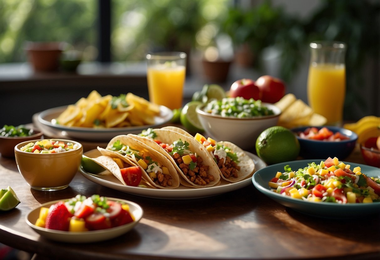 A colorful table setting with plates of tacos, quesadillas, and guacamole surrounded by vibrant fruits and vegetables. A family of four sits around the table, laughing and enjoying their meal