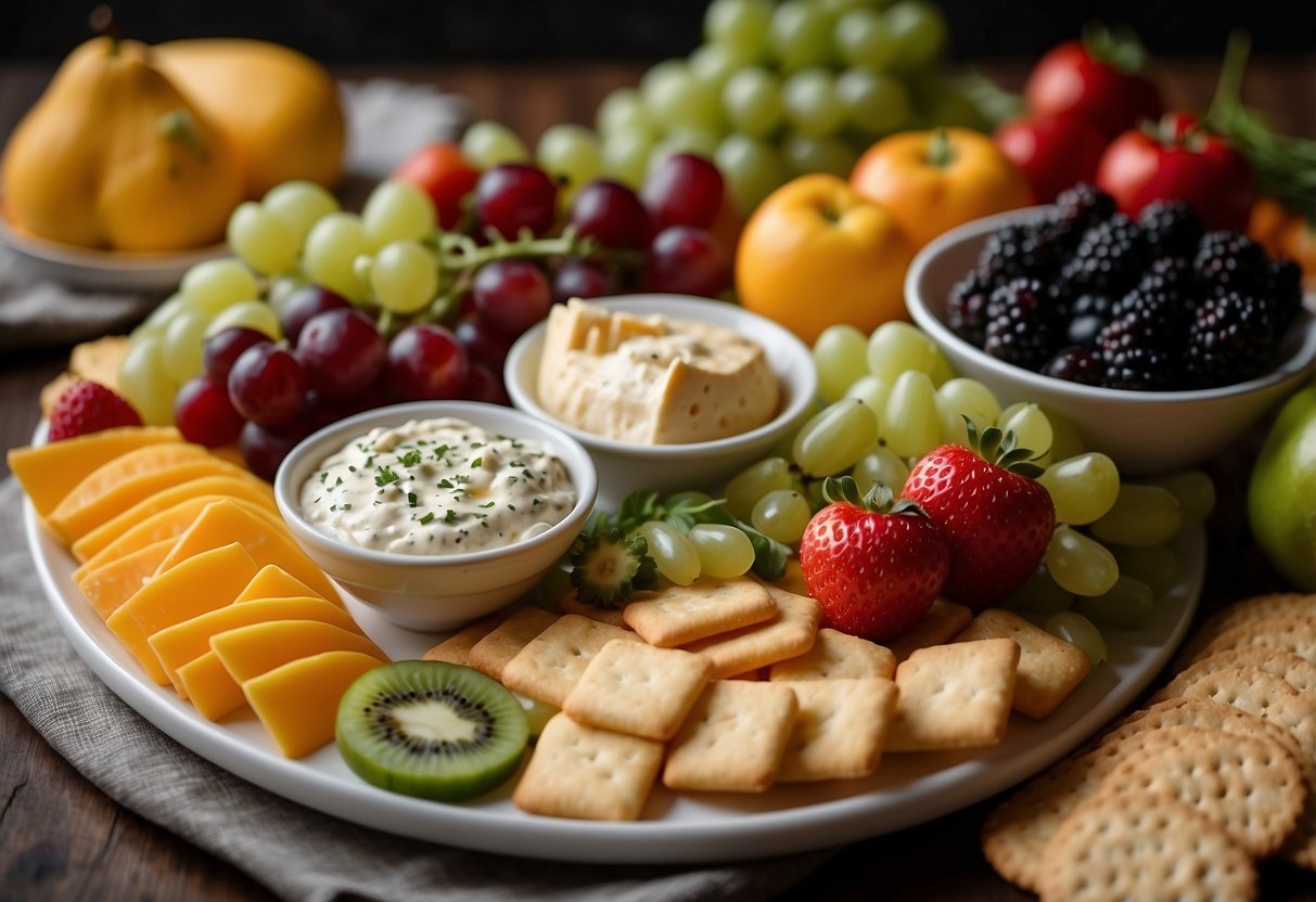 A colorful array of fruits, veggies, and cheese arranged on a platter with small containers of dip and crackers nearby