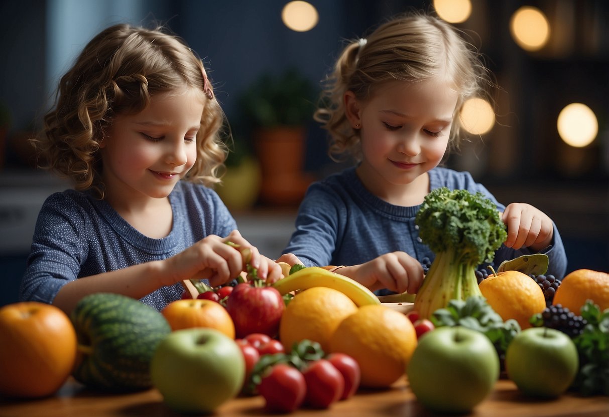 Children crafting snack animals with fruits and veggies