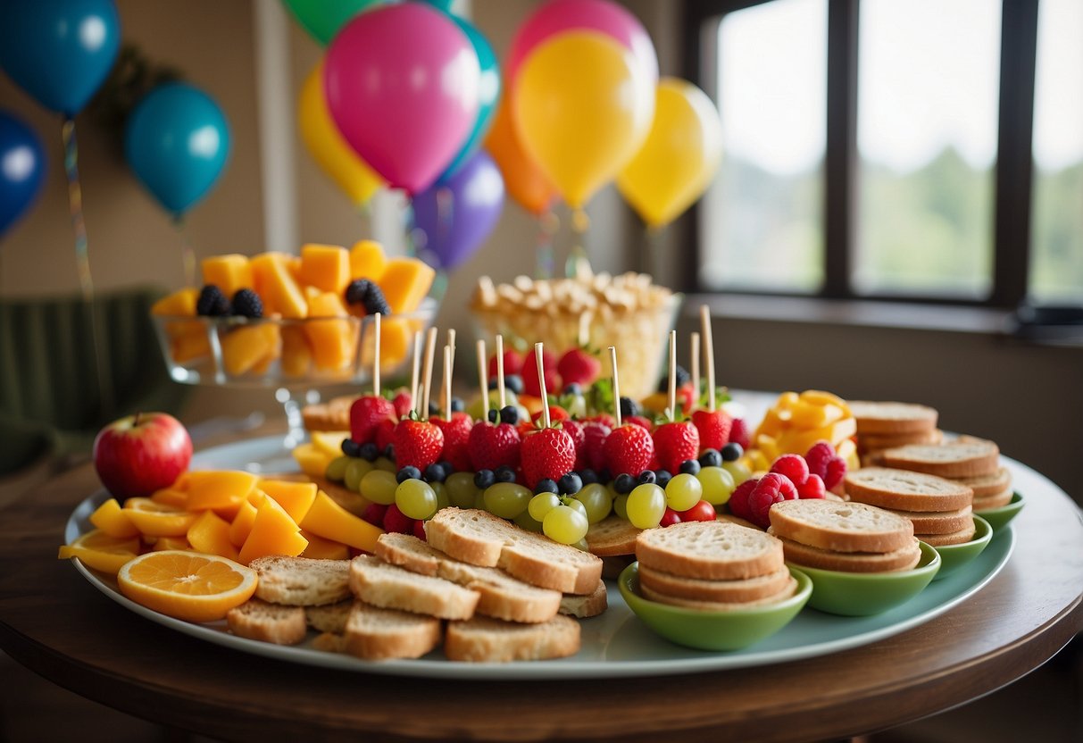 Colorful snacks arranged on a table, including fruit kabobs, mini sandwiches, and veggie cups. Balloons and streamers decorate the room