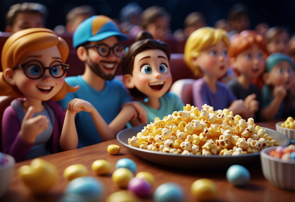 A group of colorful animated characters watching a movie on a big screen, surrounded by popcorn, candy, and laughter