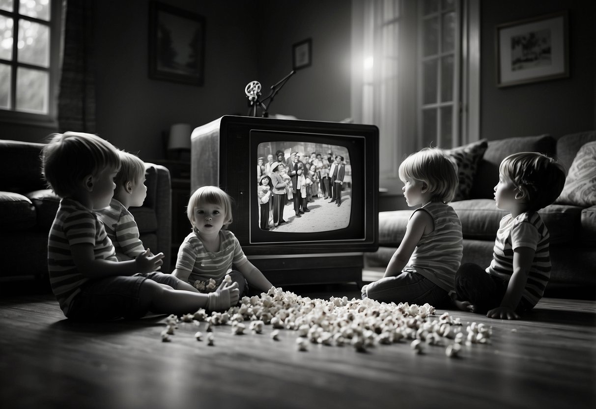 A group of children gathered around a vintage television, watching classic films with excitement and wonder. Popcorn and candy scattered on the floor, as the black and white images flicker on the screen