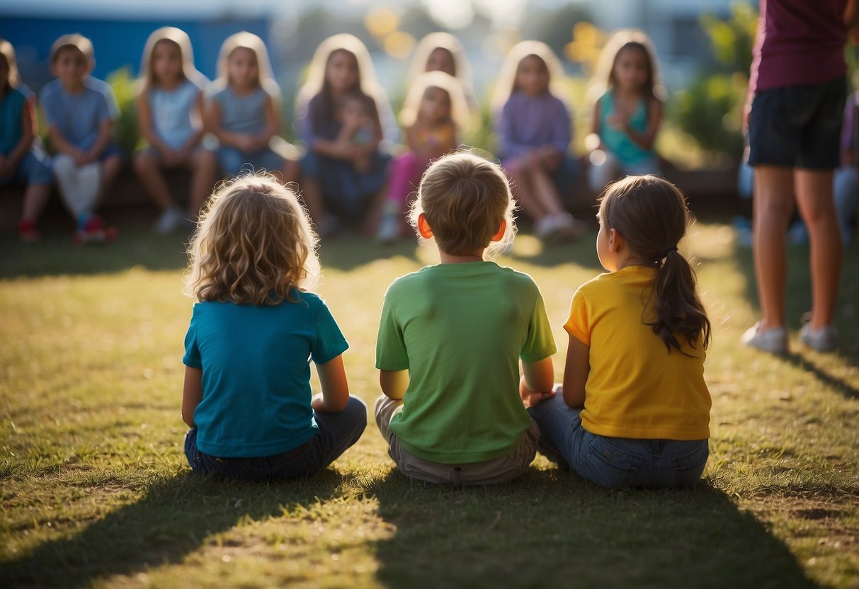 A group of children sit in a circle, captivated by a storyteller. Bright colors and happy expressions fill the room