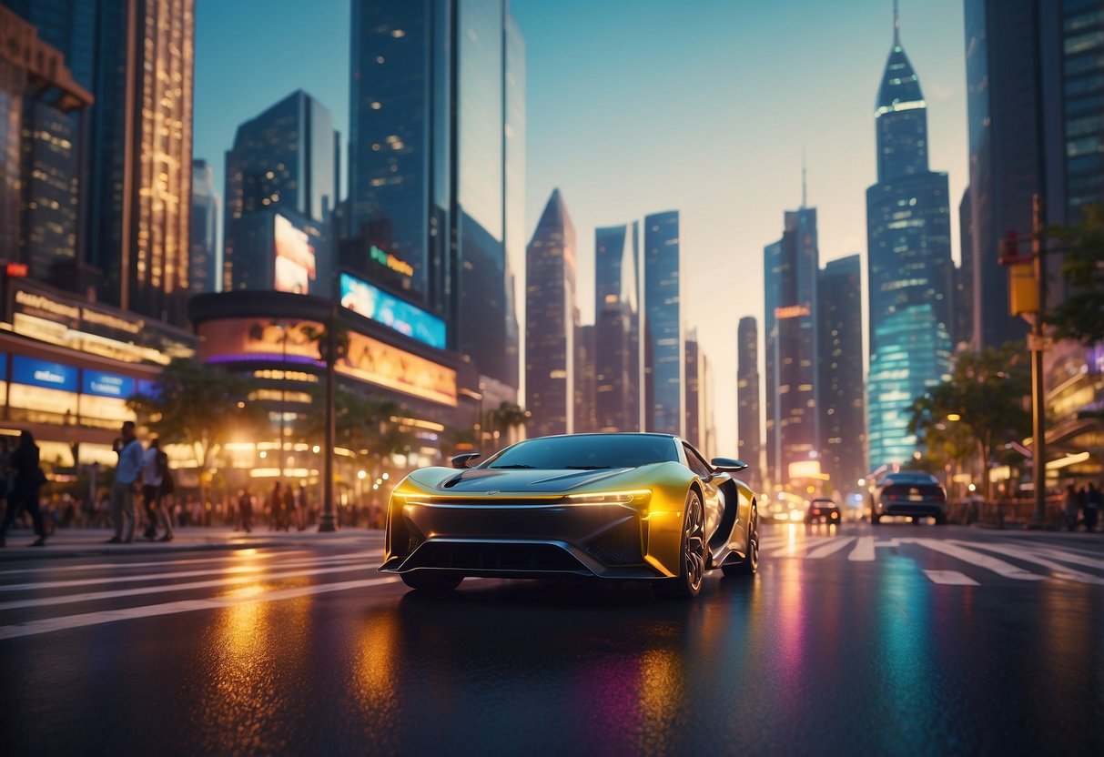 A colorful, bustling cityscape with towering skyscrapers and zooming futuristic vehicles. Bright lights and vibrant colors fill the scene, creating a sense of wonder and excitement