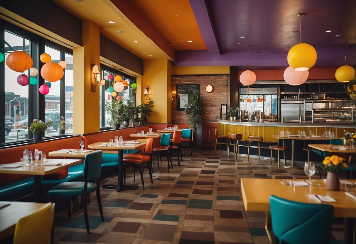 A colorful restaurant with playful decor, a menu featuring familiar kid-friendly dishes, and a welcoming atmosphere for families