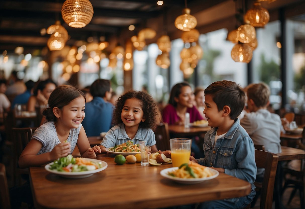 A bustling restaurant filled with colorful and diverse cuisines. Children happily eating at tables while parents chat and enjoy the lively atmosphere