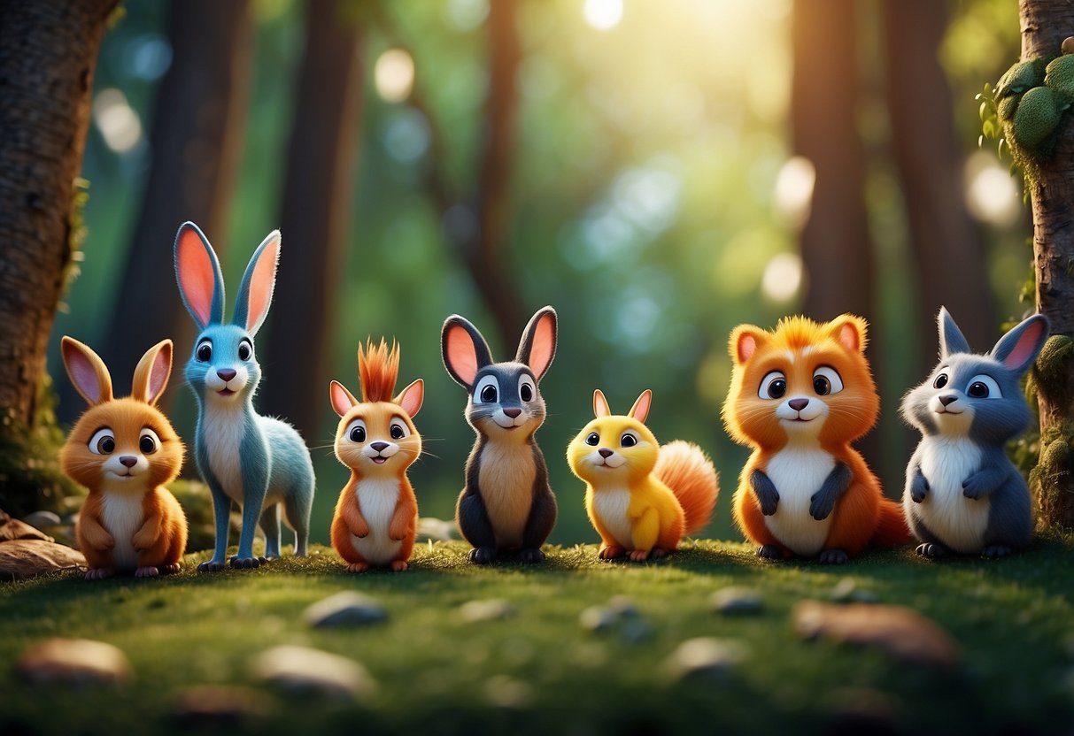 A group of colorful, cartoon animals playing in a vibrant, whimsical forest setting