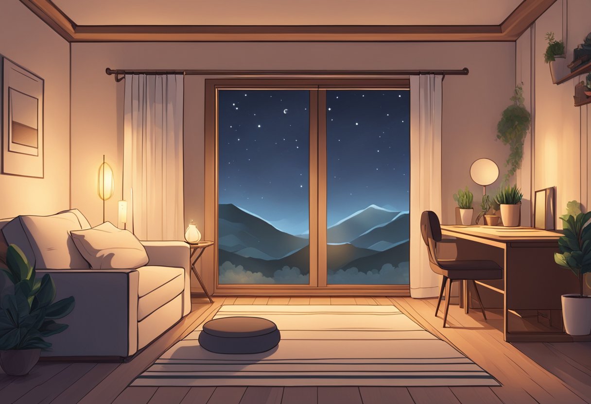 A cozy room with soft lighting, candles, and relaxing music. A tranquil space for meditation and reflection