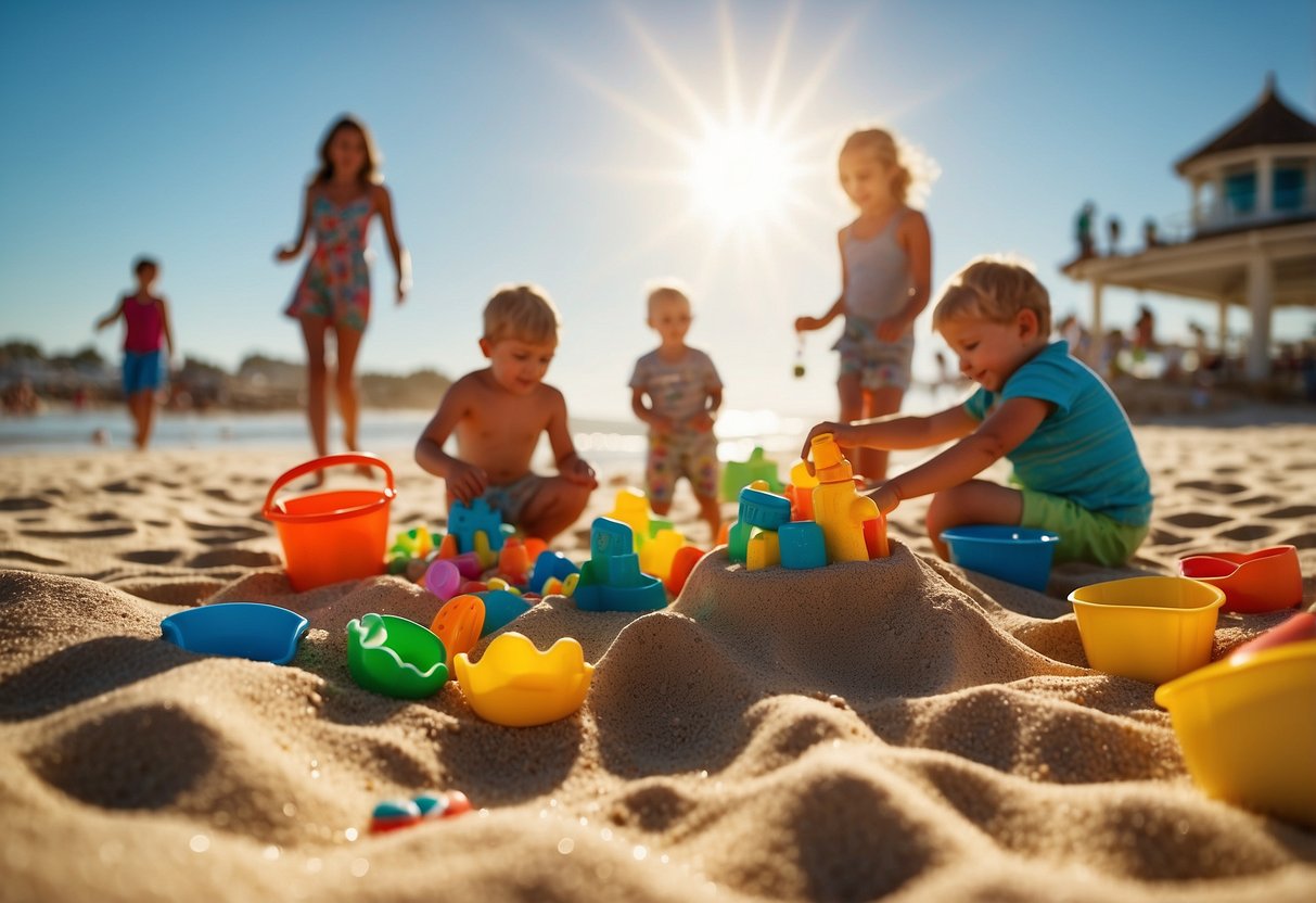 Families building sandcastles, kids playing in the shallow waves, colorful beach toys scattered across the sand, and a bright sun shining overhead