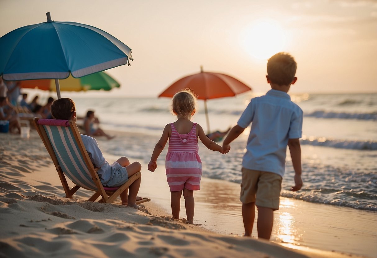 A family plays beach games near a resort with colorful umbrellas and lounge chairs. Kids build sandcastles while parents relax by the water