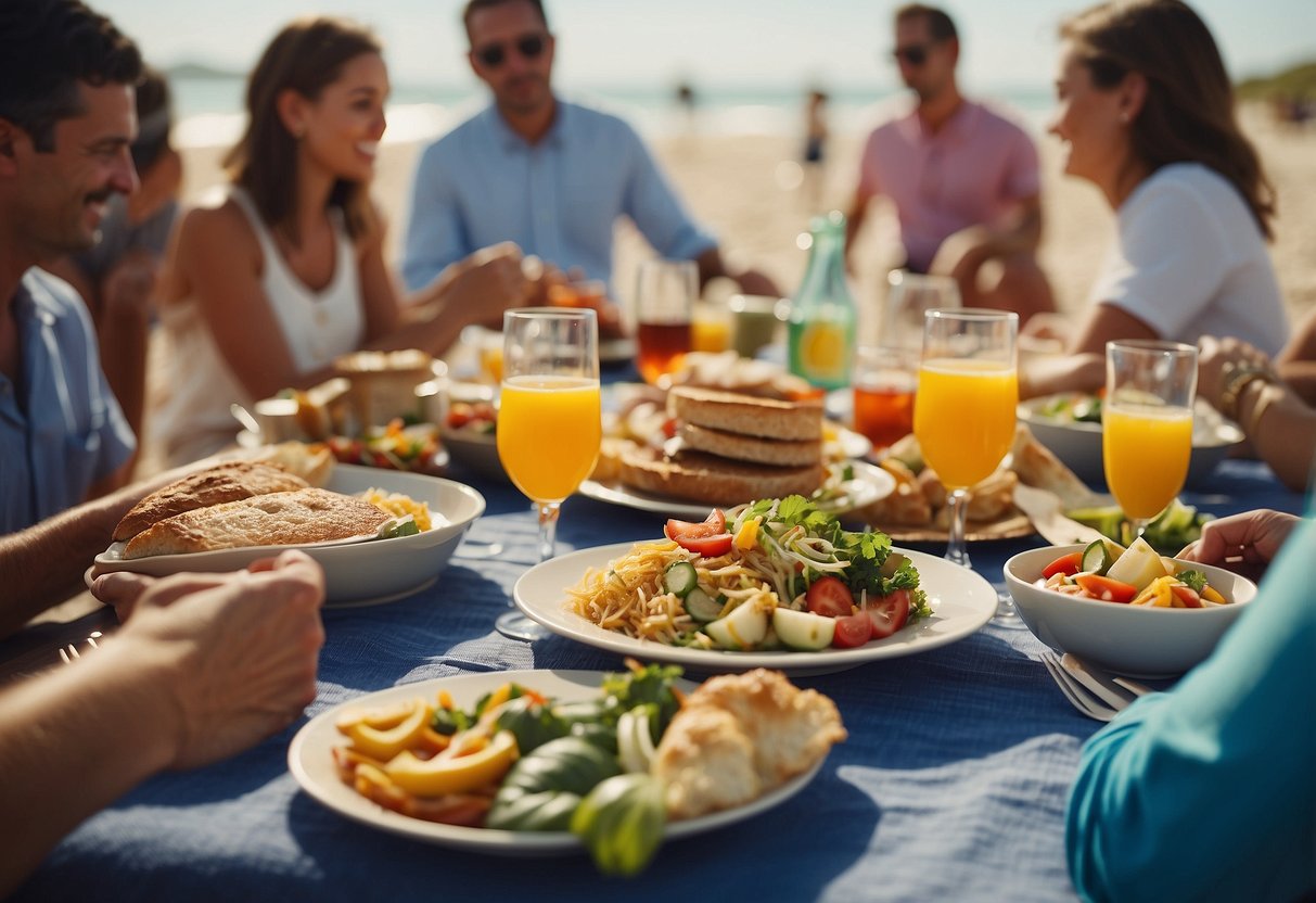 A colorful beachside picnic with local dishes and families enjoying a meal together