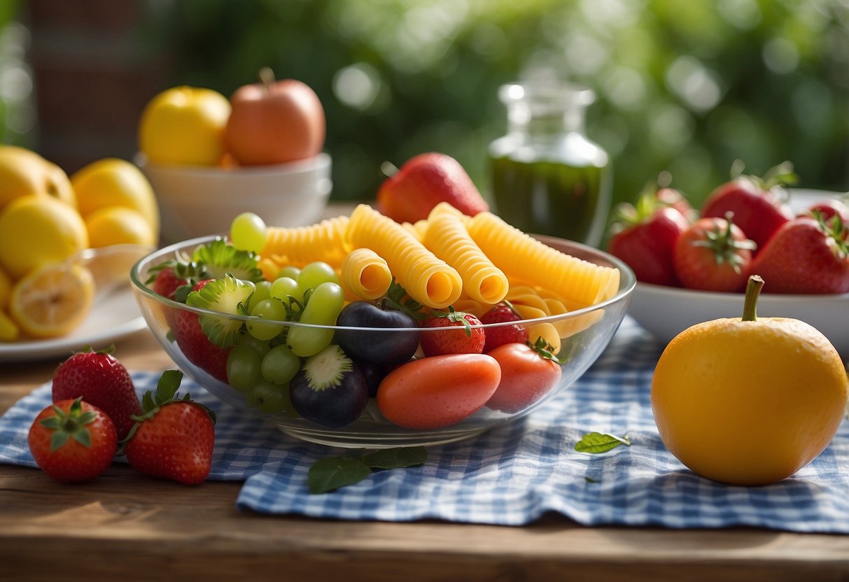 A colorful table is set with fresh fruits, vegetables, and fun-shaped pasta. Bright, kid-friendly dishes and utensils are arranged for a summer dinner