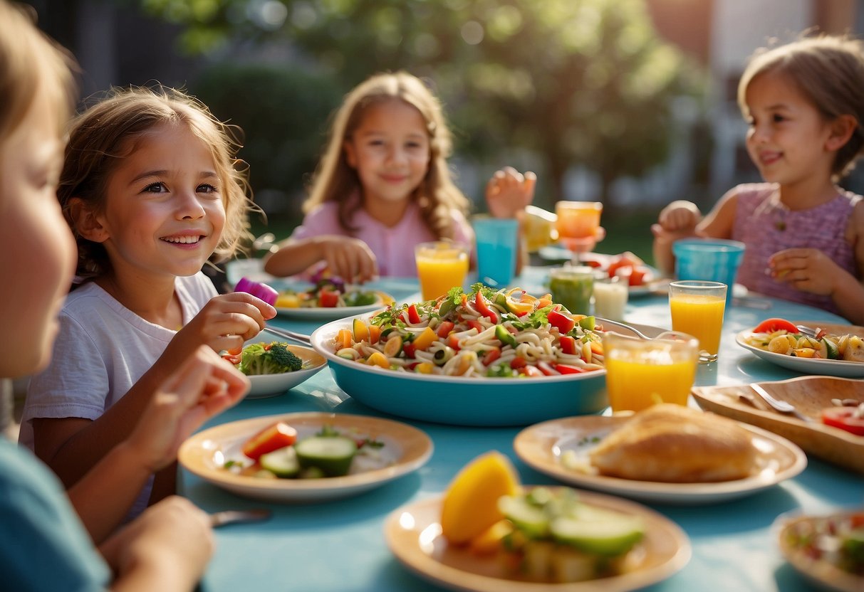 A colorful table set with a variety of kid-friendly leftover dishes, surrounded by happy children enjoying their summer dinner