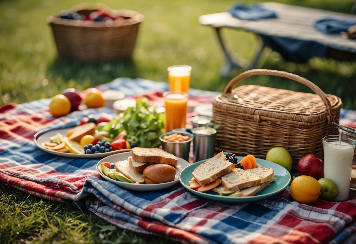 A picnic blanket spread out with a colorful array of kid-friendly on-the-go meals, surrounded by outdoor adventure gear and a sunny, summer backdrop