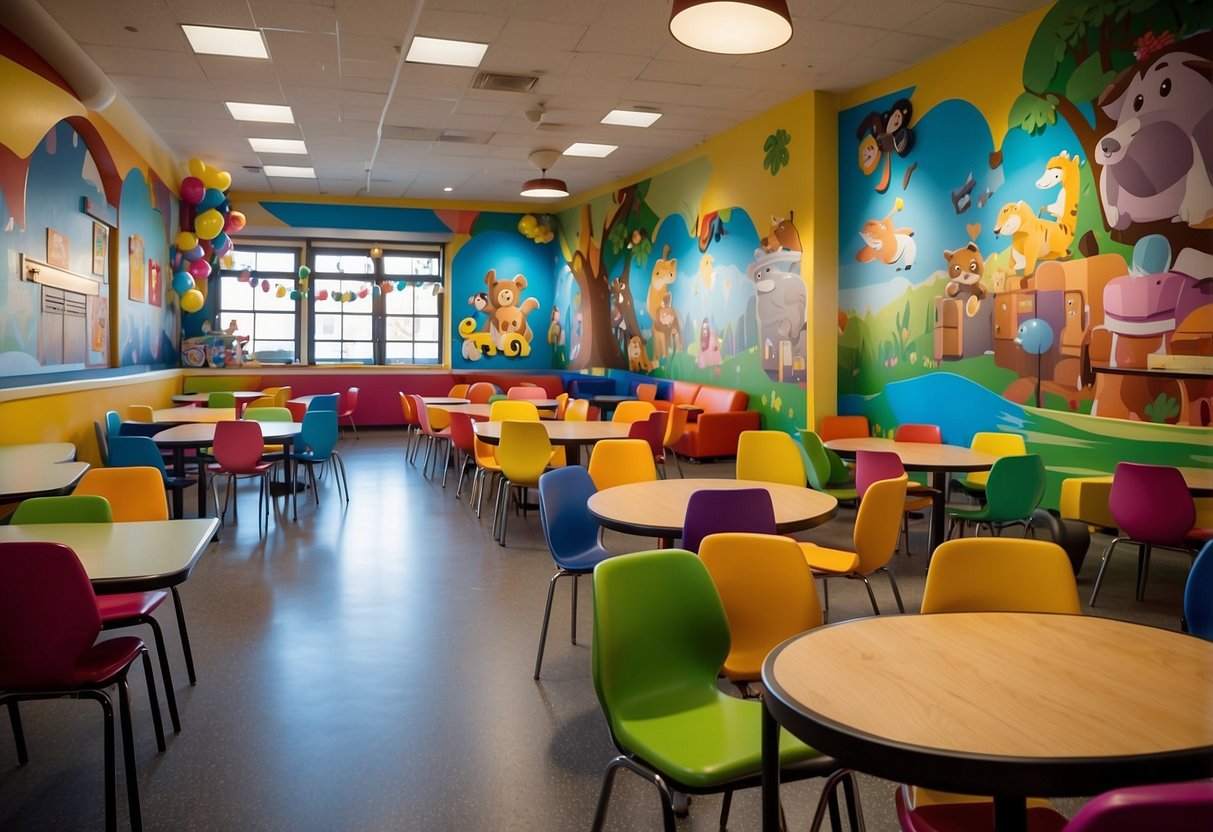 Brightly colored tables and chairs fill the spacious dining area. Playful murals adorn the walls, depicting cartoon animals and whimsical scenes. A large play area features interactive games and toys, creating a lively and inviting atmosphere for families