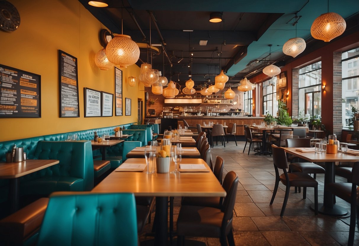 A colorful, vibrant restaurant interior with playful decor and a diverse menu. Families enjoying meals together at spacious, kid-friendly tables