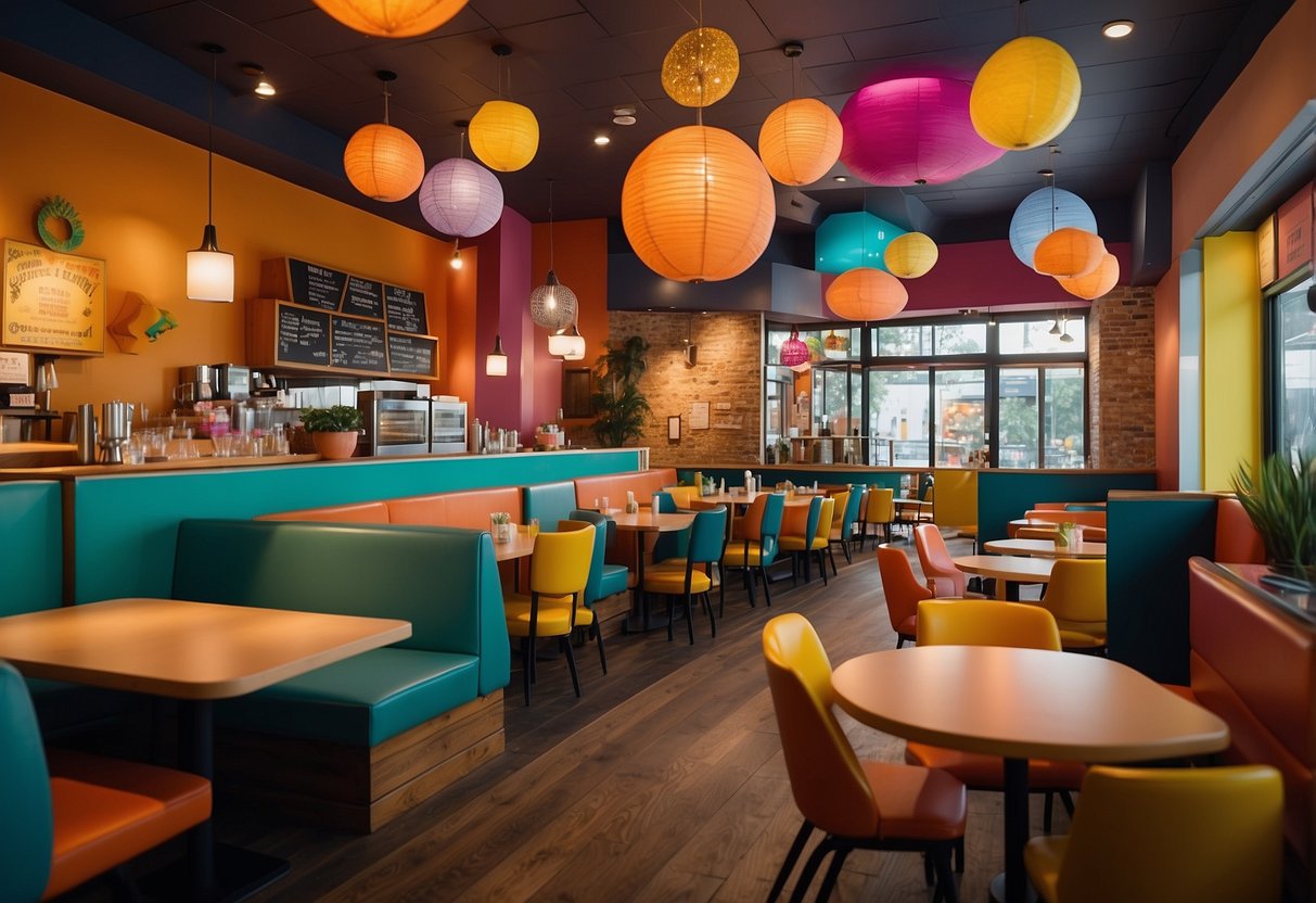 A colorful, vibrant restaurant filled with playful decor and interactive features for kids, such as a designated play area, colorful menus, and child-sized furniture