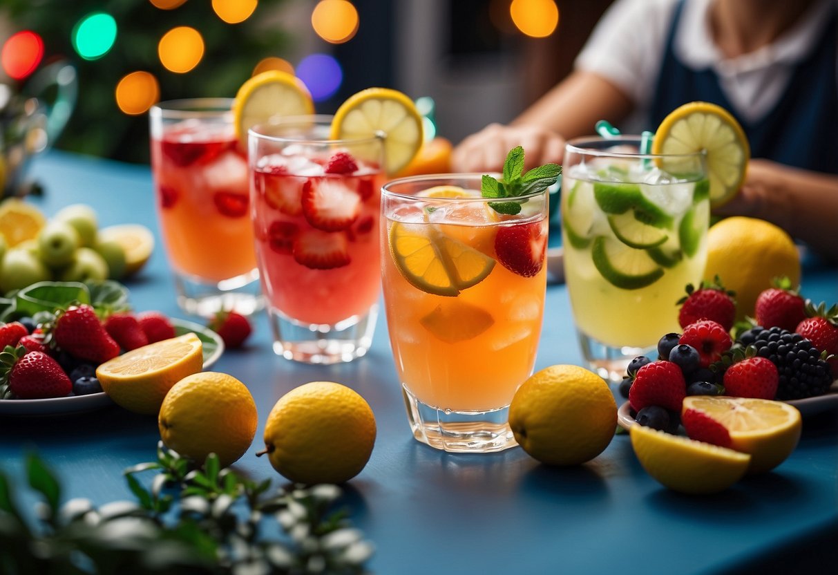 A table set with colorful fruit-infused waters and festive mocktails, surrounded by smiling children in holiday attire