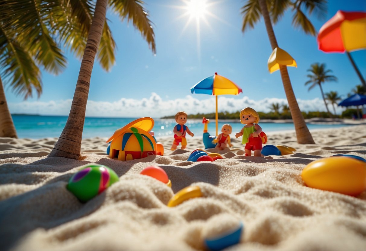 Families playing on a white sandy beach, palm trees swaying in the breeze, colorful beach toys scattered around, and a clear blue sky overhead