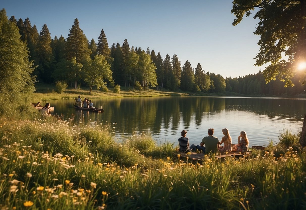 Families enjoy fishing, swimming, and picnicking by a serene lake surrounded by lush greenery and colorful wildflowers. The sun shines brightly in the clear blue sky, creating a perfect setting for a fun-filled day outdoors