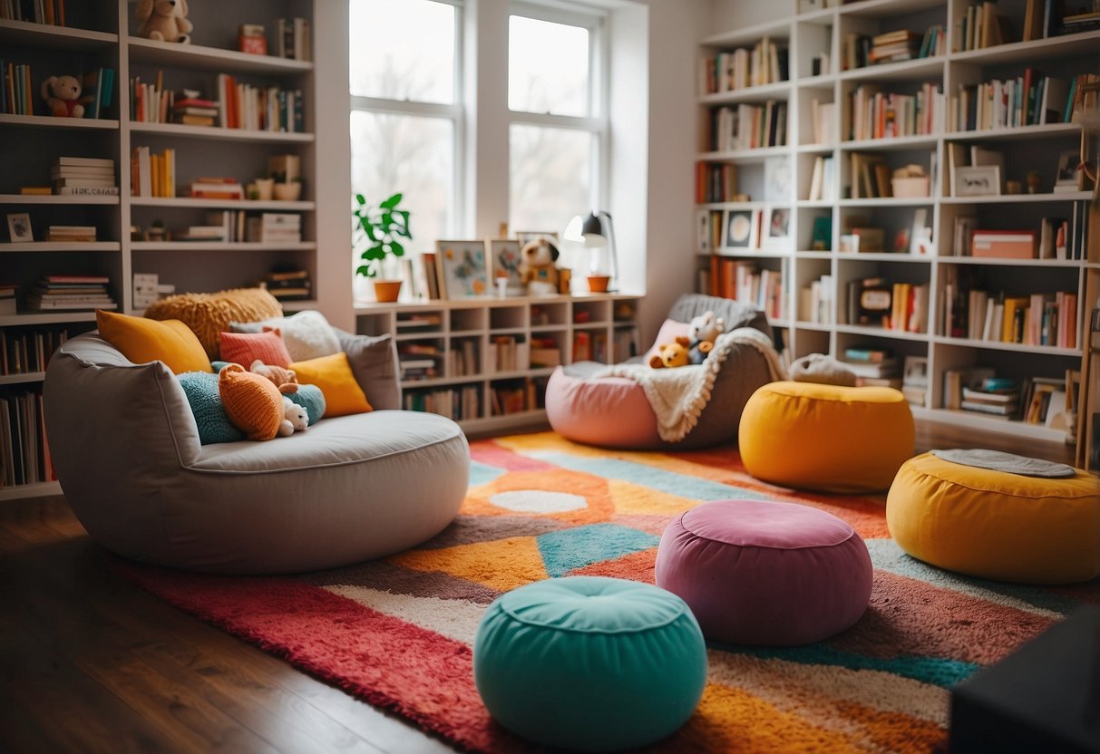 A colorful play area with soft rugs, low shelves of books and toys, and a cozy reading nook with bean bags and a small table