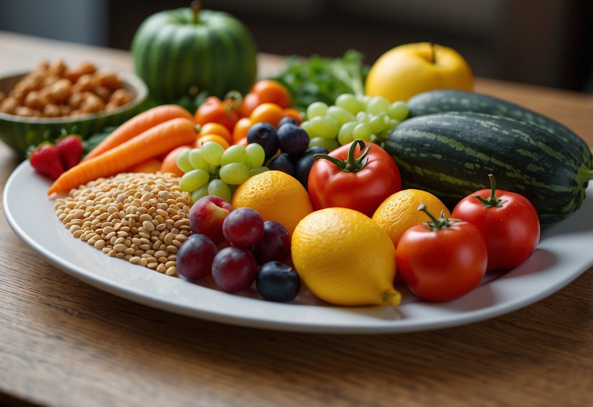 A colorful array of fresh fruits and vegetables arranged on a plate, accompanied by whole grains and lean proteins, all set on a vibrant, child-friendly placemat