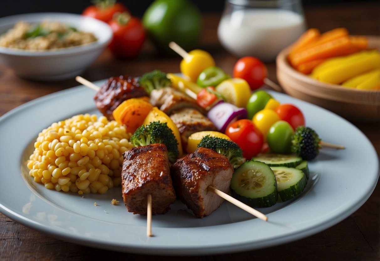 A colorful plate holds a variety of healthy and creative main courses for kids, including colorful vegetable skewers, mini turkey meatloaf, and fruit kebabs