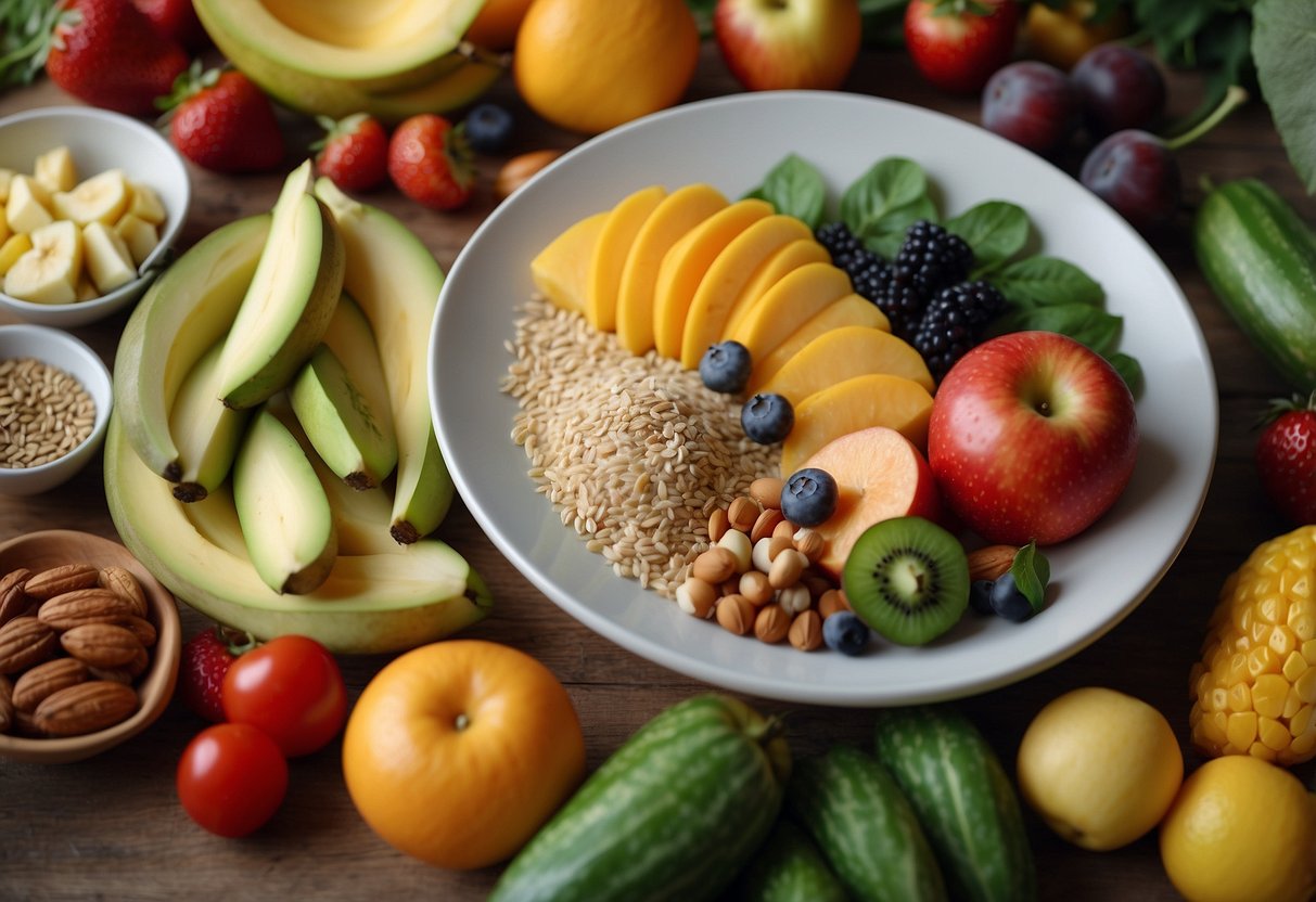 A colorful spread of fresh fruits, vegetables, and whole grains arranged on a vibrant plate, surrounded by happy, playful imagery of animals and nature