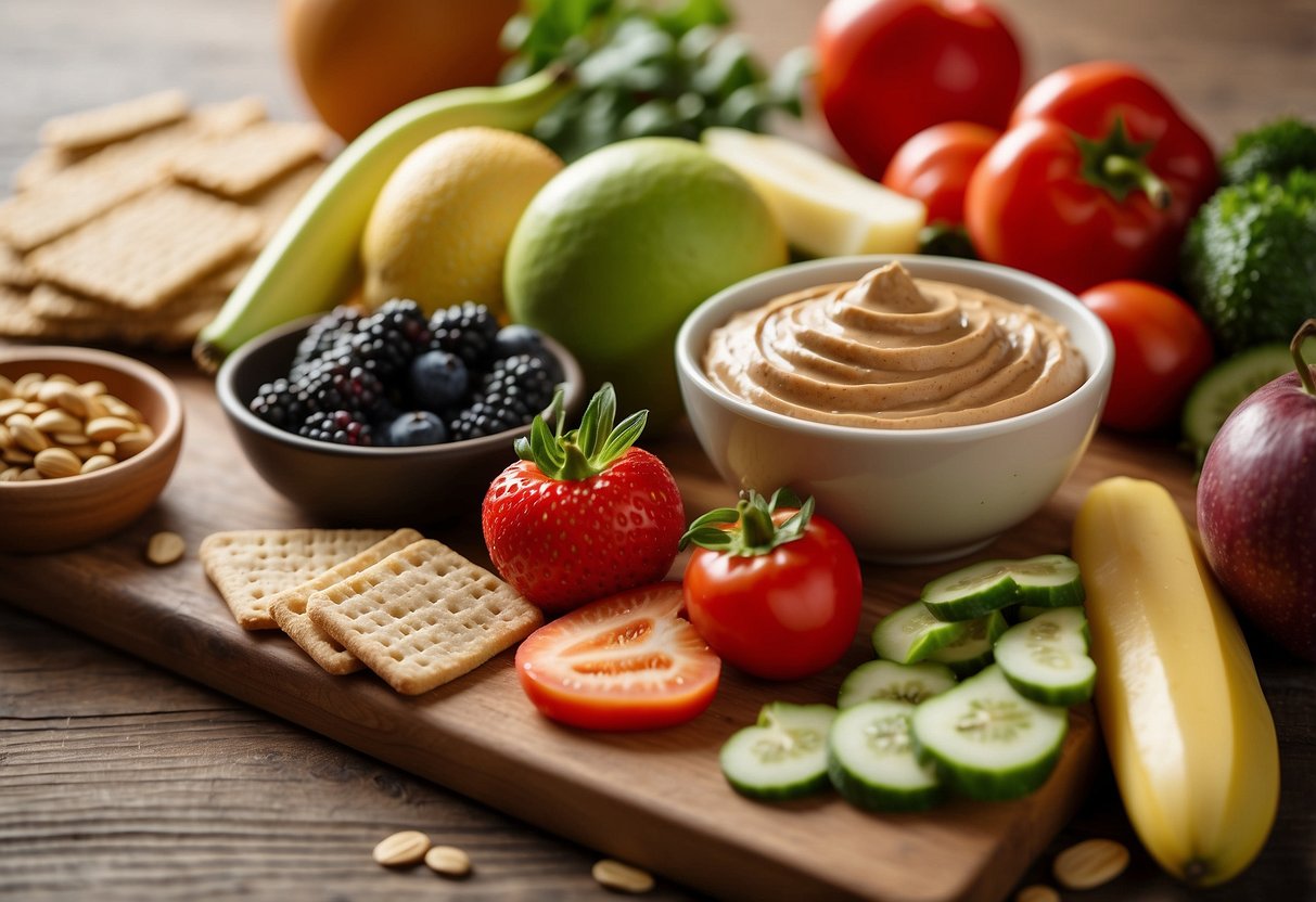 A colorful array of fresh fruits and vegetables arranged on a wooden cutting board, accompanied by whole grain crackers and a variety of nut butters and hummus