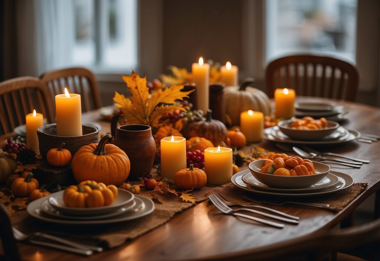 A cozy dining table set with colorful autumn decorations and a spread of kid-friendly fall dishes