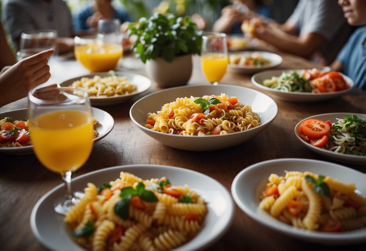 A table set with a variety of colorful and vibrant pasta dishes, surrounded by smiling children and families enjoying their wholesome and hearty meals