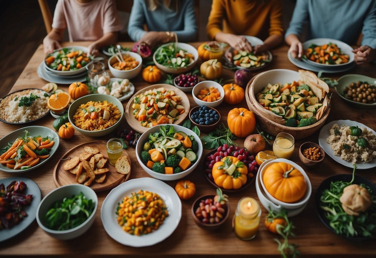 A colorful table spread with plant-based dishes, surrounded by happy children enjoying creative vegetarian and vegan fall dinner options