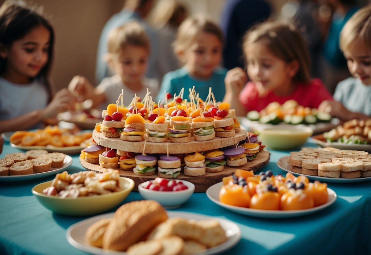 Colorful array of bite-sized snacks and mini sandwiches spread across a festive table, surrounded by happy children enjoying the fun and filling finger foods