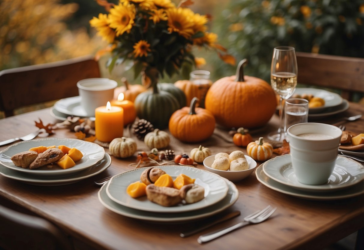 A table set with colorful autumn-themed dishes and treats, surrounded by leaves and pumpkins, creating a warm and inviting atmosphere for a family dinner