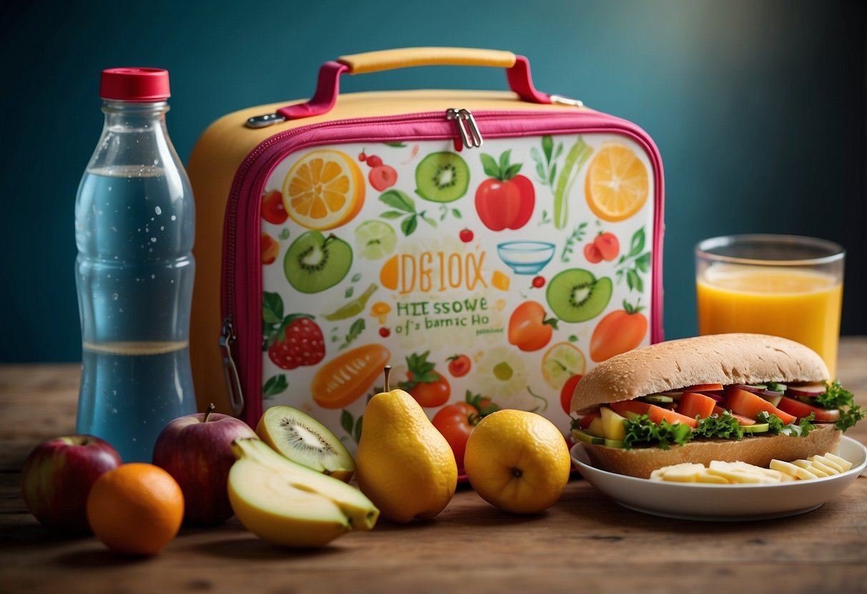 A colorful lunchbox filled with fruits, vegetables, whole grain sandwiches, and dairy products. A water bottle and a small note with encouraging words