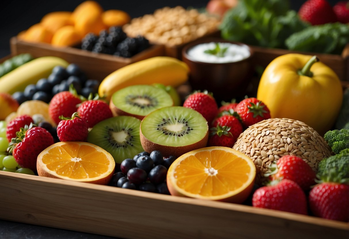 Colorful fruits, veggies, and whole grain snacks arranged on a tray. A variety of shapes and textures create an inviting display