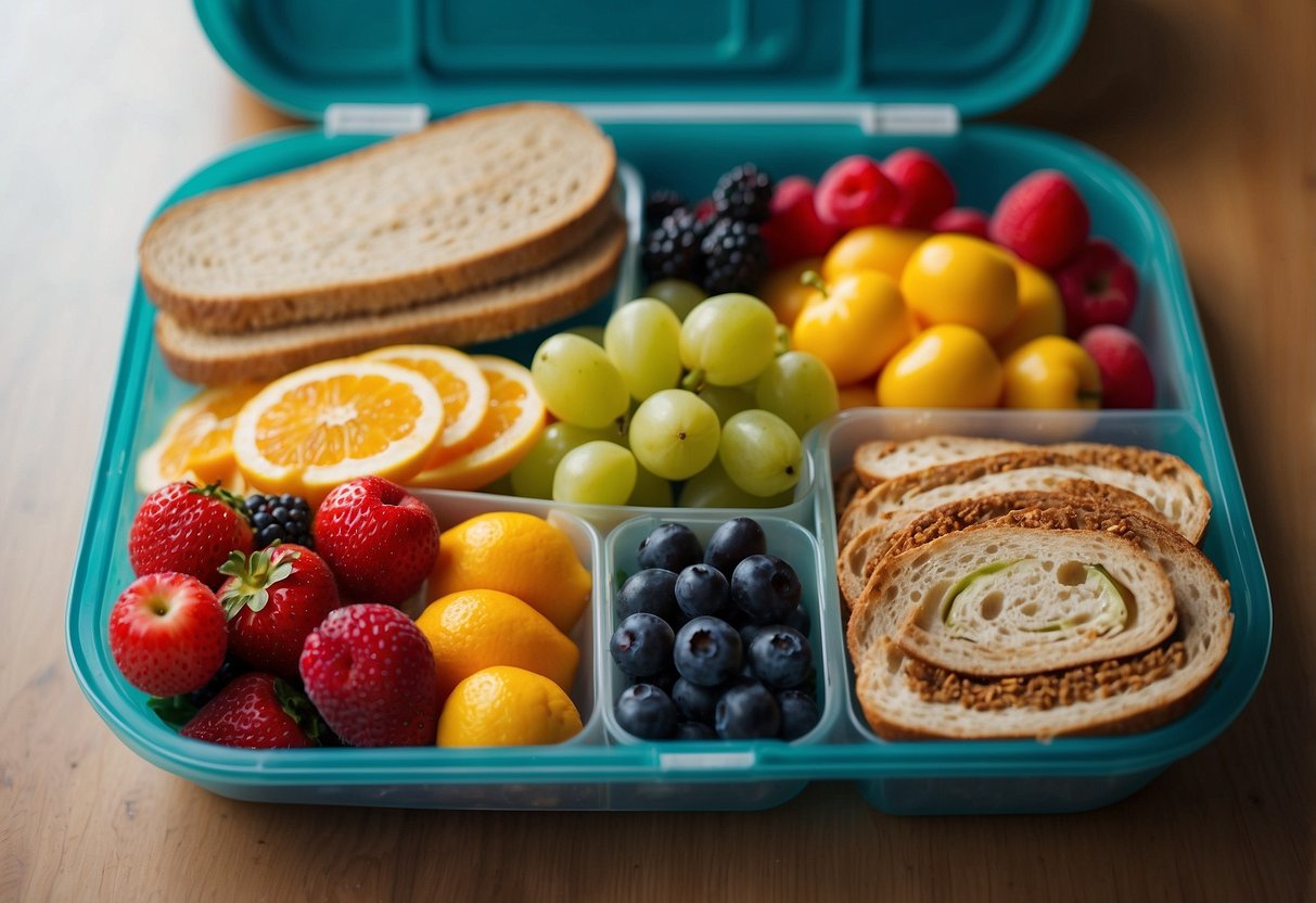 Colorful array of fruits, veggies, and sandwiches neatly packed in a lunchbox. Bright, kid-friendly designs and labels for easy, healthy choices