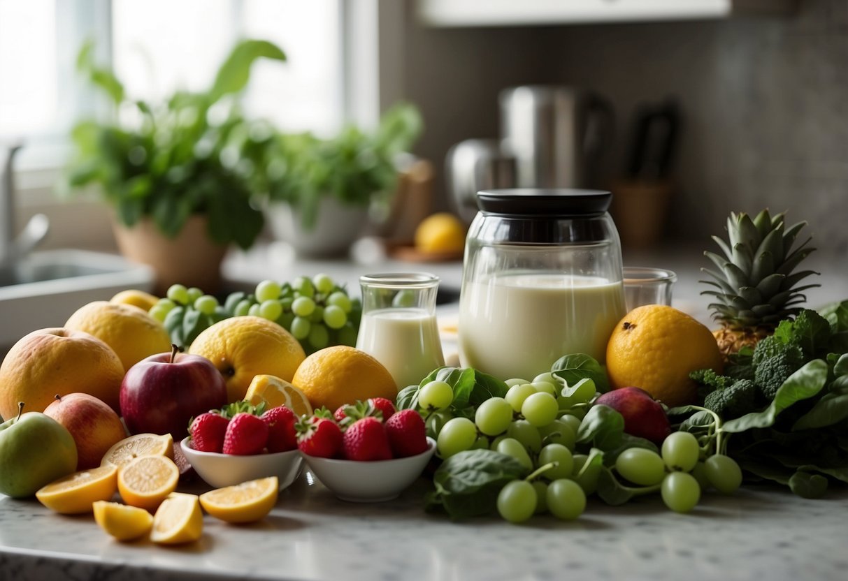 A colorful array of fresh fruits, yogurt, and leafy greens arranged on a kitchen counter, alongside a blender and measuring cups