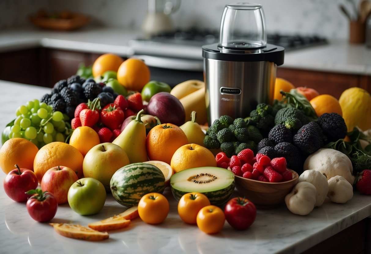 A colorful array of fresh fruits and vegetables, a blender, and a variety of healthy ingredients scattered on a kitchen counter