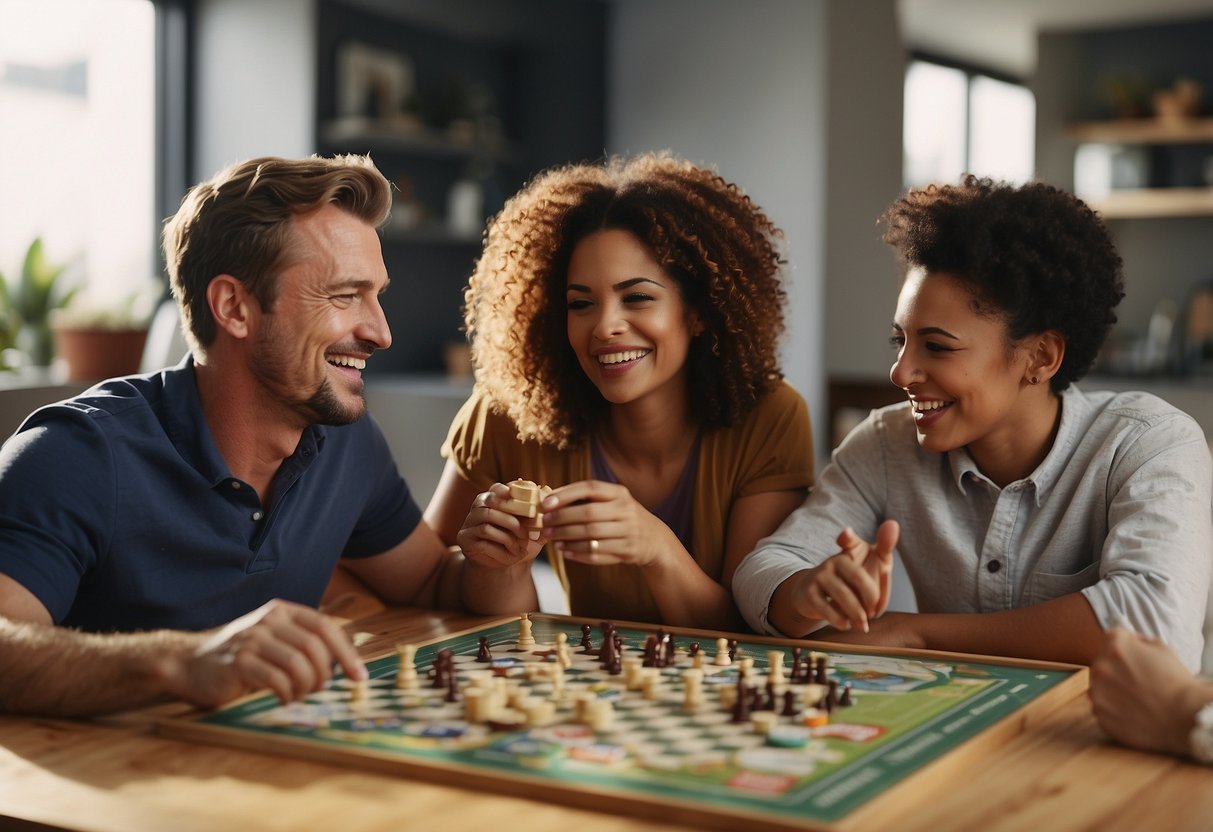 A family sitting around a table, smiling and laughing while playing a board game together. Various game options and snacks are spread out on the table