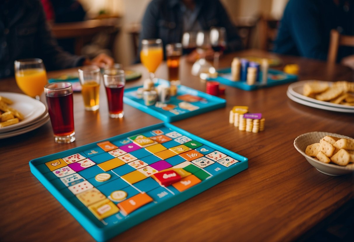 A table set with board games, snacks, and drinks. Brightly colored game pieces and cards are scattered across the table. Laughter and excitement fill the room as families gather around for game night