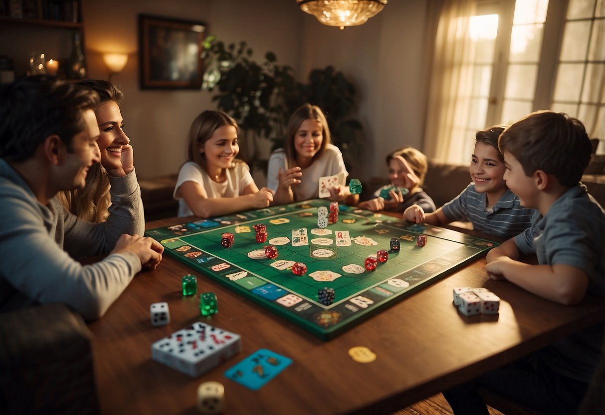 A table set with board games, cards, and dice. Smiling family members gather around, ready to play. A cozy living room with warm lighting sets the scene for a fun and engaging family game night