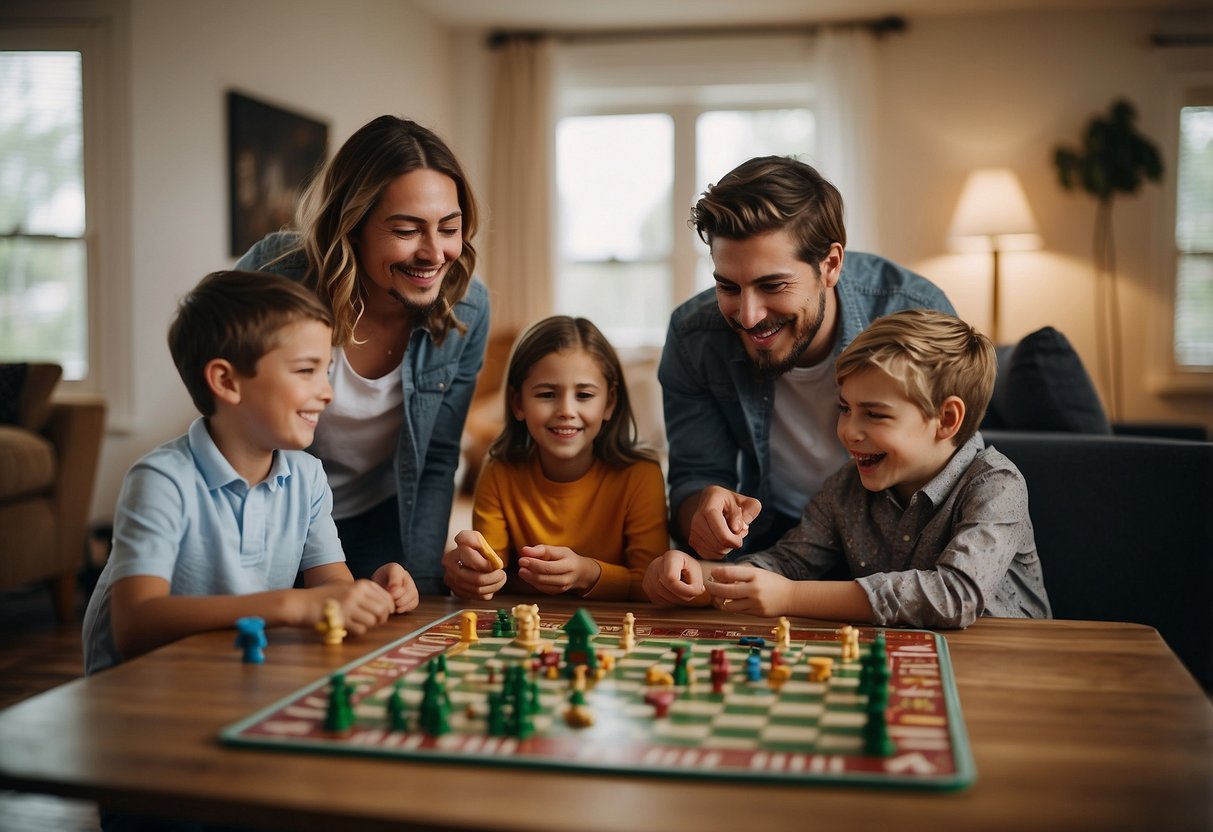 A group of children and adults play physical and interactive games in a cozy living room, surrounded by board games and snacks. Laughter and excitement fill the air as they engage in friendly competition