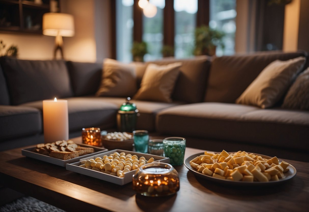 A cozy living room with board games and snacks spread out on a coffee table. Soft lighting and comfortable seating create a welcoming atmosphere for a family game night