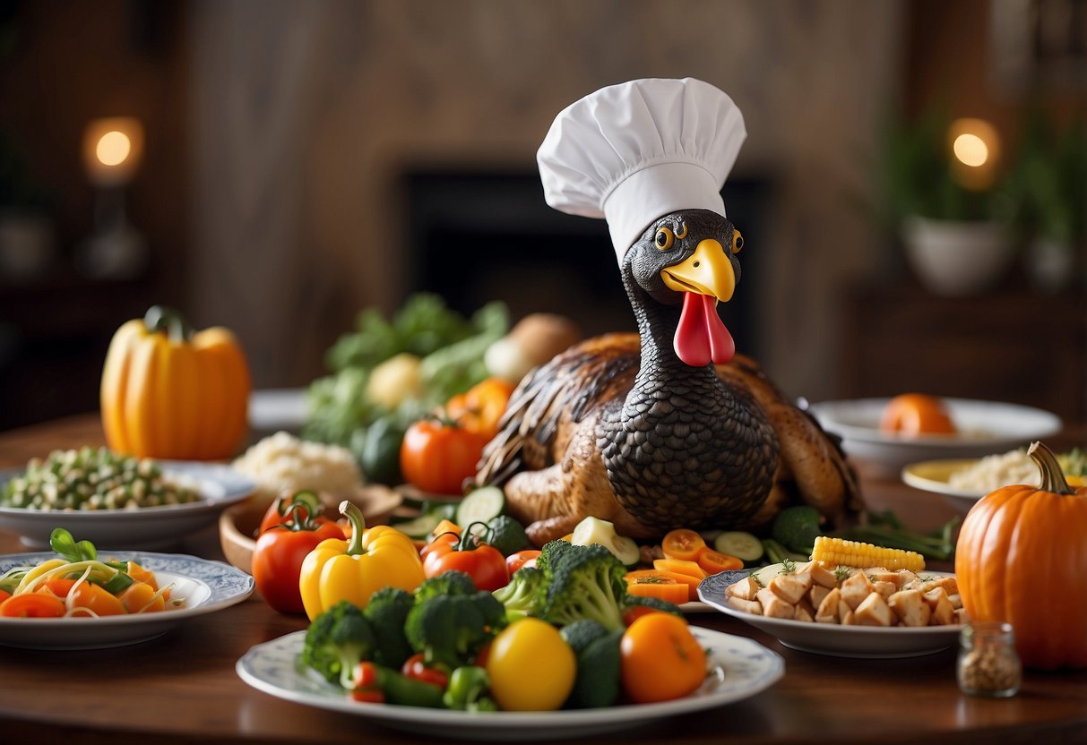 A table set with colorful plates, a turkey with a chef's hat, smiling vegetables, and a happy family of animals sharing a meal