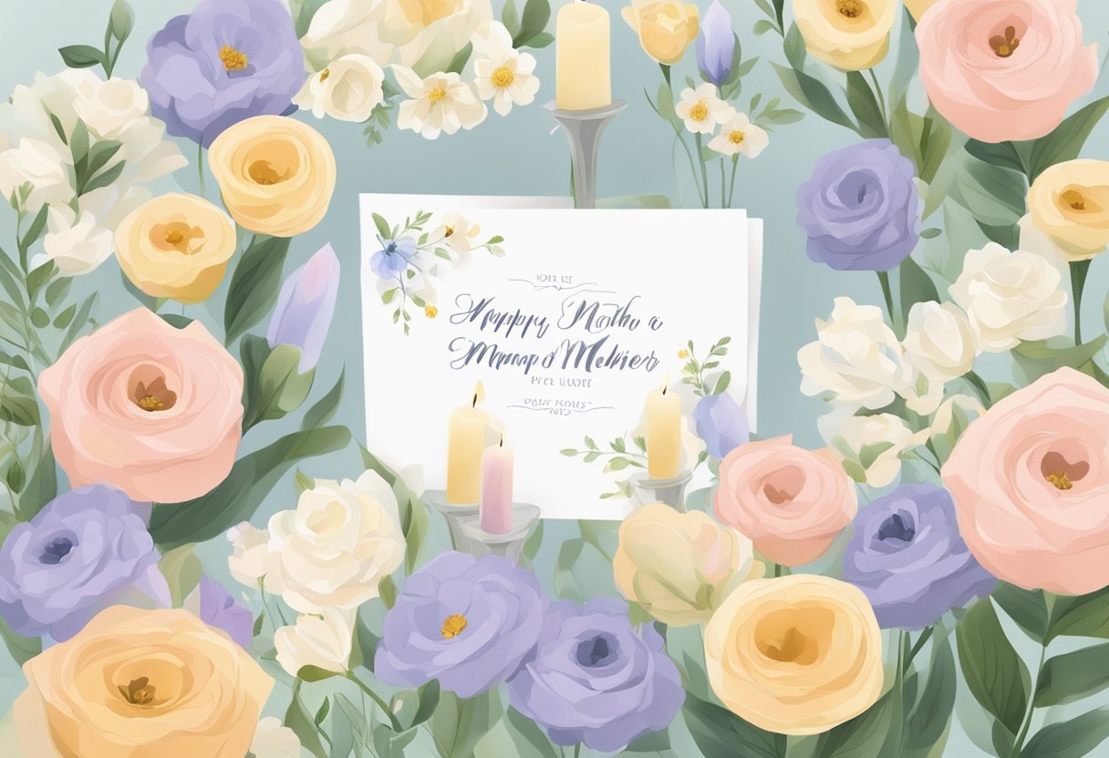 A collection of heartfelt sympathy cards with messages for the loss of a mother, surrounded by flowers and candles